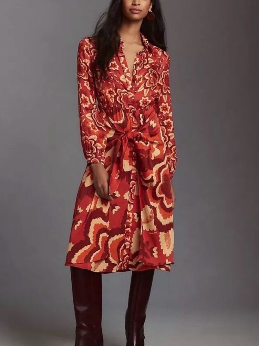 Anthropologie FARM Rio Long-Sleeve Tie-Waist Midi Dress
